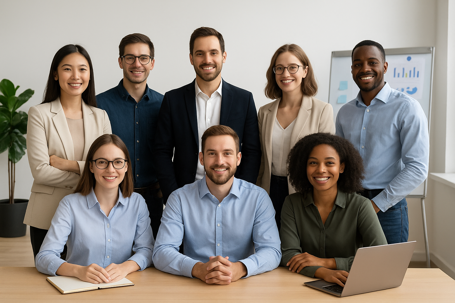 A diverse digital marketing team of eight professionals smiling and posing in a modern office, with laptops, notebooks, and charts in the background